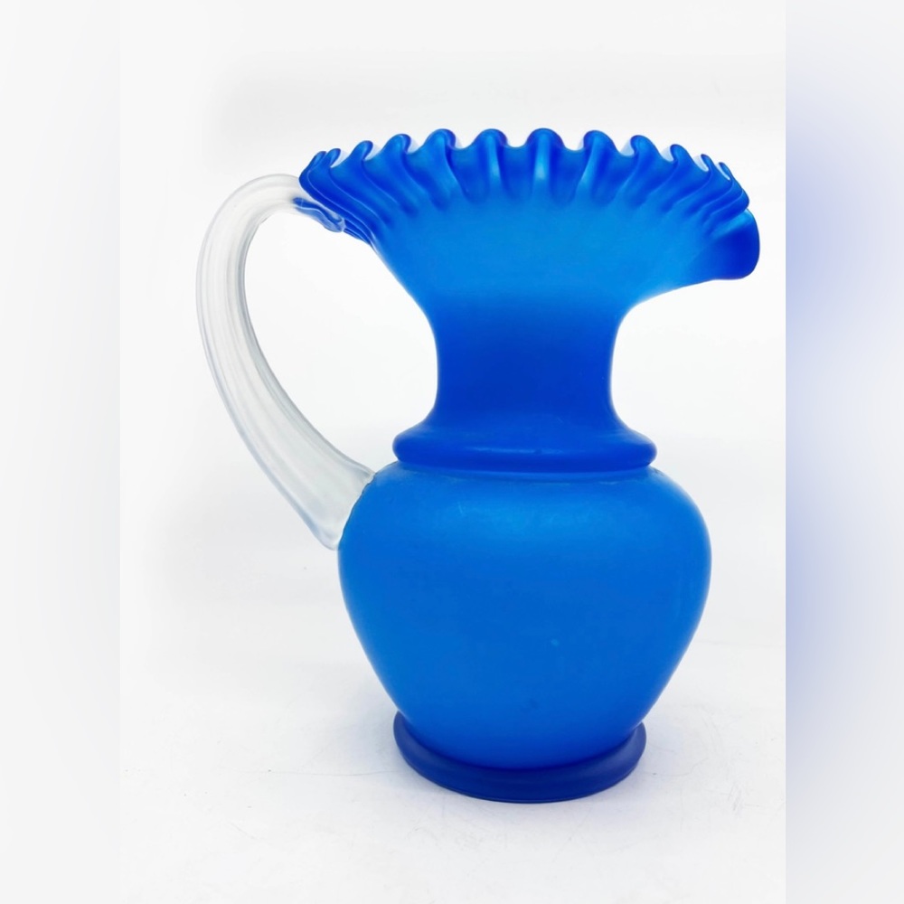 VIBRANT BLUE ART GLASS PITCHER WITH RUFFLED EDGE & CLEAR HANDLE - 10"